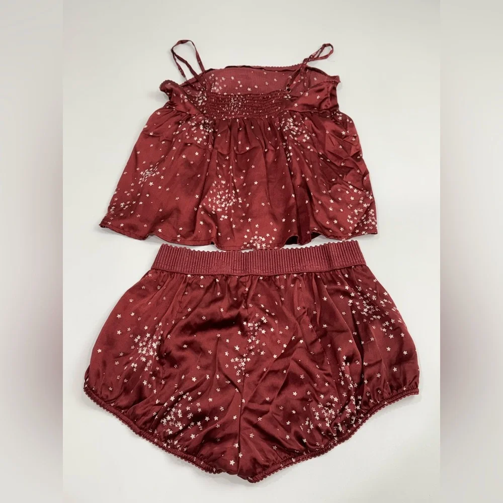Anthropologie Star Print Pajama Set Burgundy Smocked Cami & Shorts Size S NWOT - Picture 3 of 9